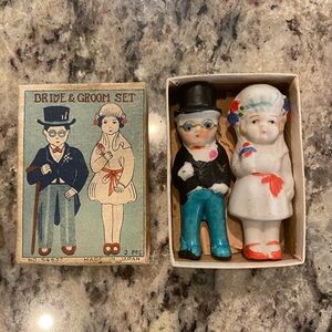Antique IDOZ Wedding Set Bisque Bride Groom Cake Topper W Original Box Japan VTG